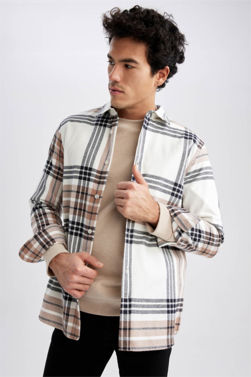 MAN Sand Regular Fit Polo Collar Flanel Plaid Long Sleeve Shirt