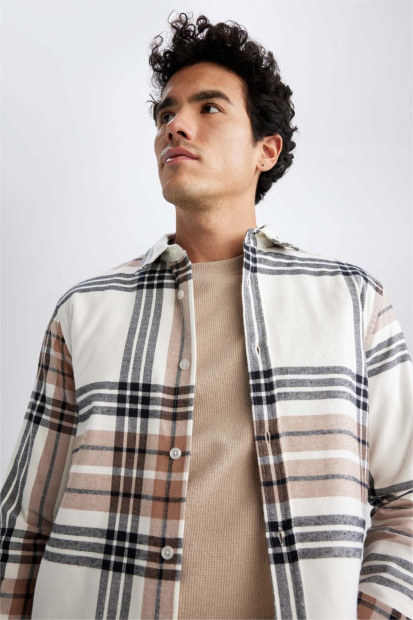 MAN Sand Regular Fit Polo Collar Flanel Plaid Long Sleeve Shirt