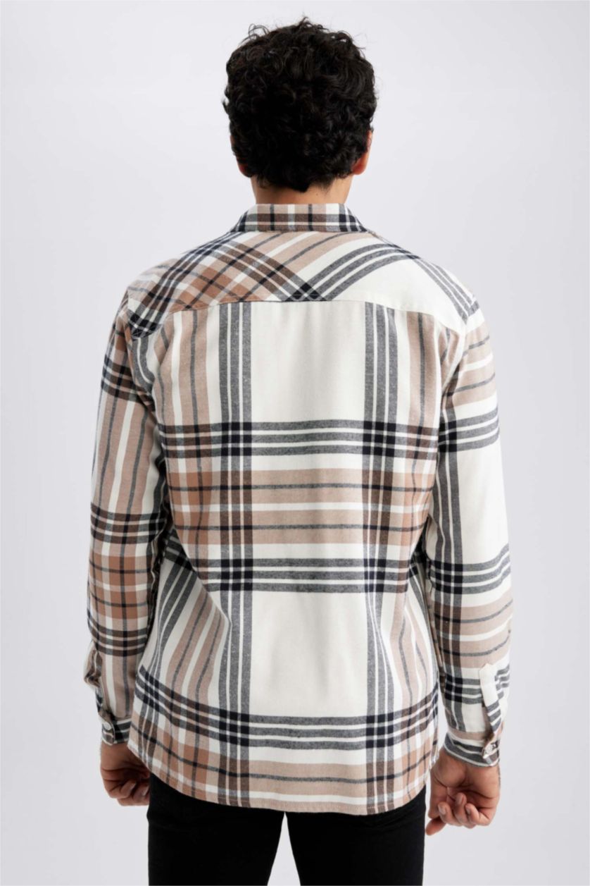 MAN Sand Regular Fit Polo Collar Flanel Plaid Long Sleeve Shirt