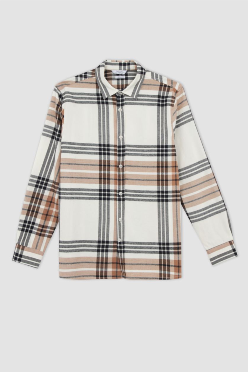 MAN Sand Regular Fit Polo Collar Flanel Plaid Long Sleeve Shirt