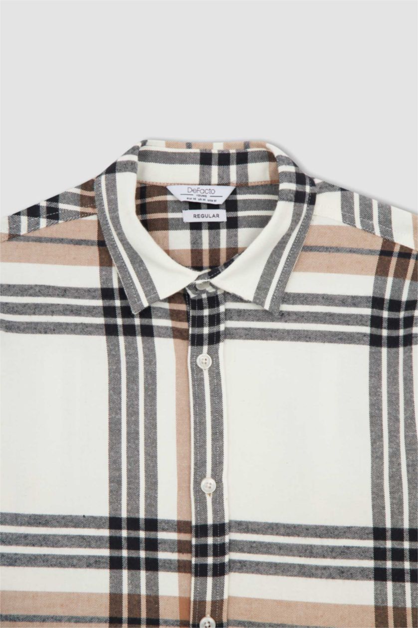 MAN Sand Regular Fit Polo Collar Flanel Plaid Long Sleeve Shirt