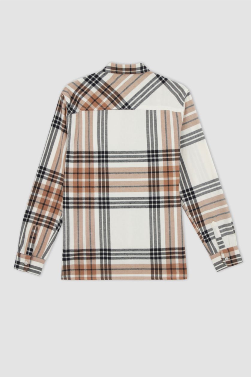 MAN Sand Regular Fit Polo Collar Flanel Plaid Long Sleeve Shirt