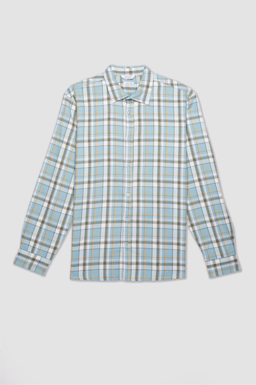 MAN Mint Regular Fit Polo Collar Flanel Plaid Long Sleeve Shirt