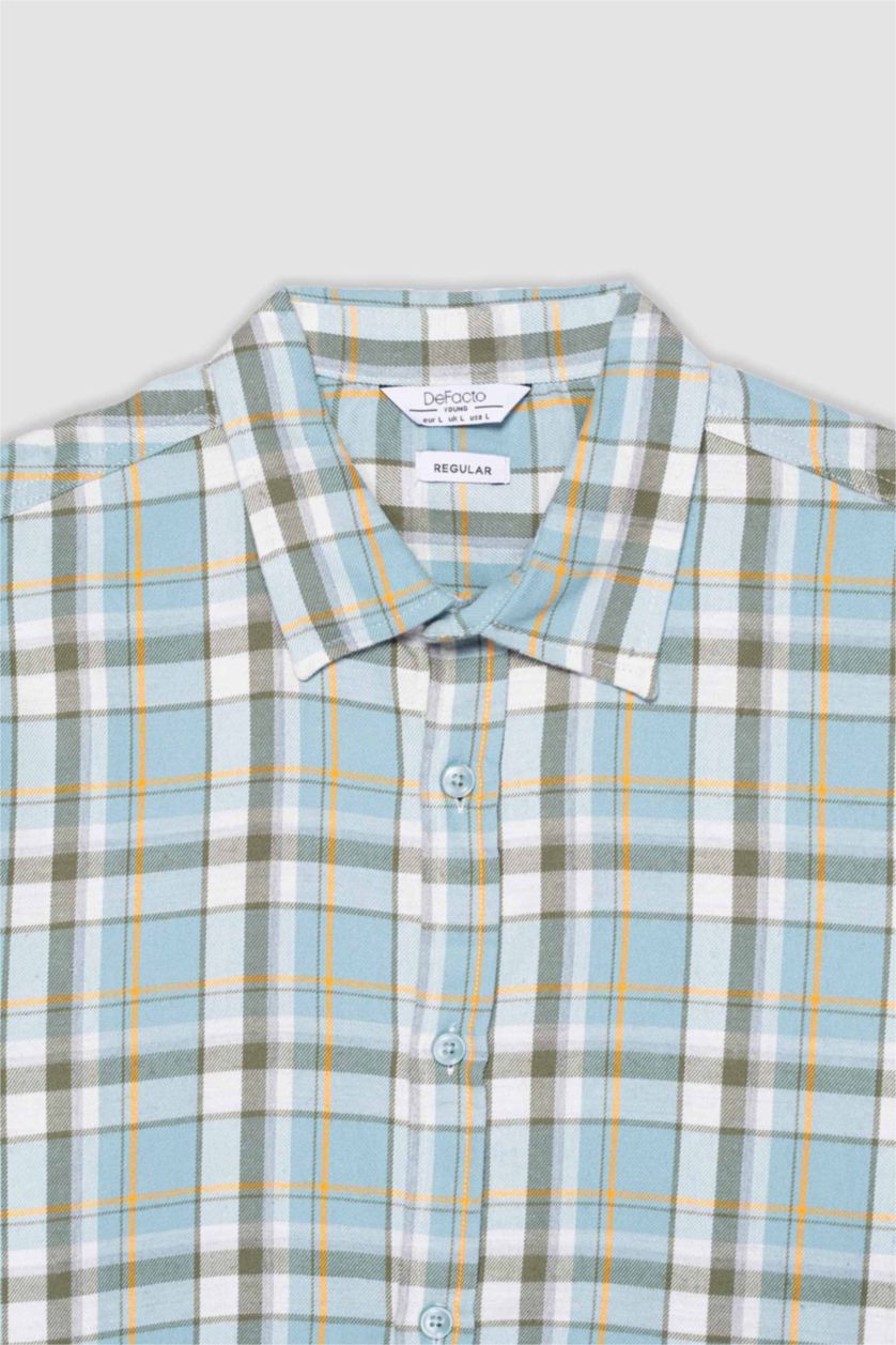 MAN Mint Regular Fit Polo Collar Flanel Plaid Long Sleeve Shirt