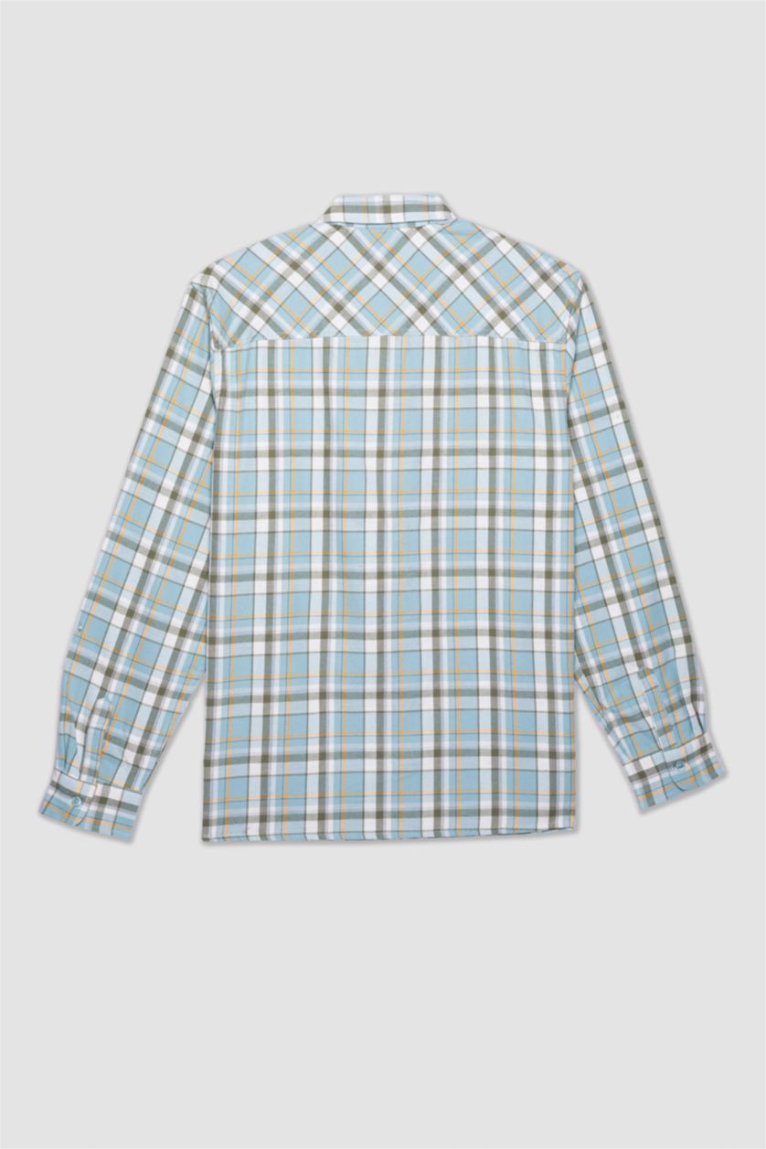 MAN Mint Regular Fit Polo Collar Flanel Plaid Long Sleeve Shirt