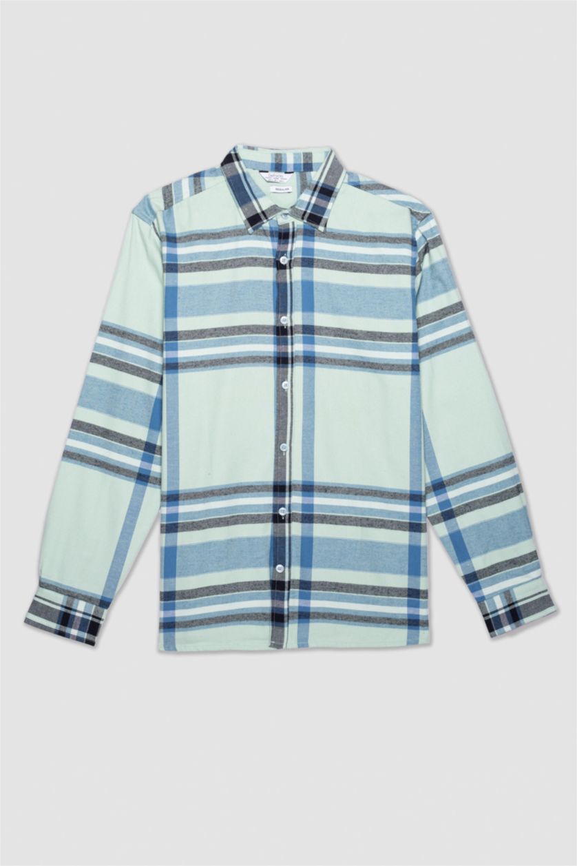 MAN Turquoise Regular Fit Polo Collar Plaid Flannel Long Sleeve Shirt
