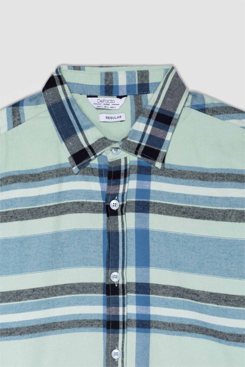 MAN Turquoise Regular Fit Polo Collar Plaid Flannel Long Sleeve Shirt