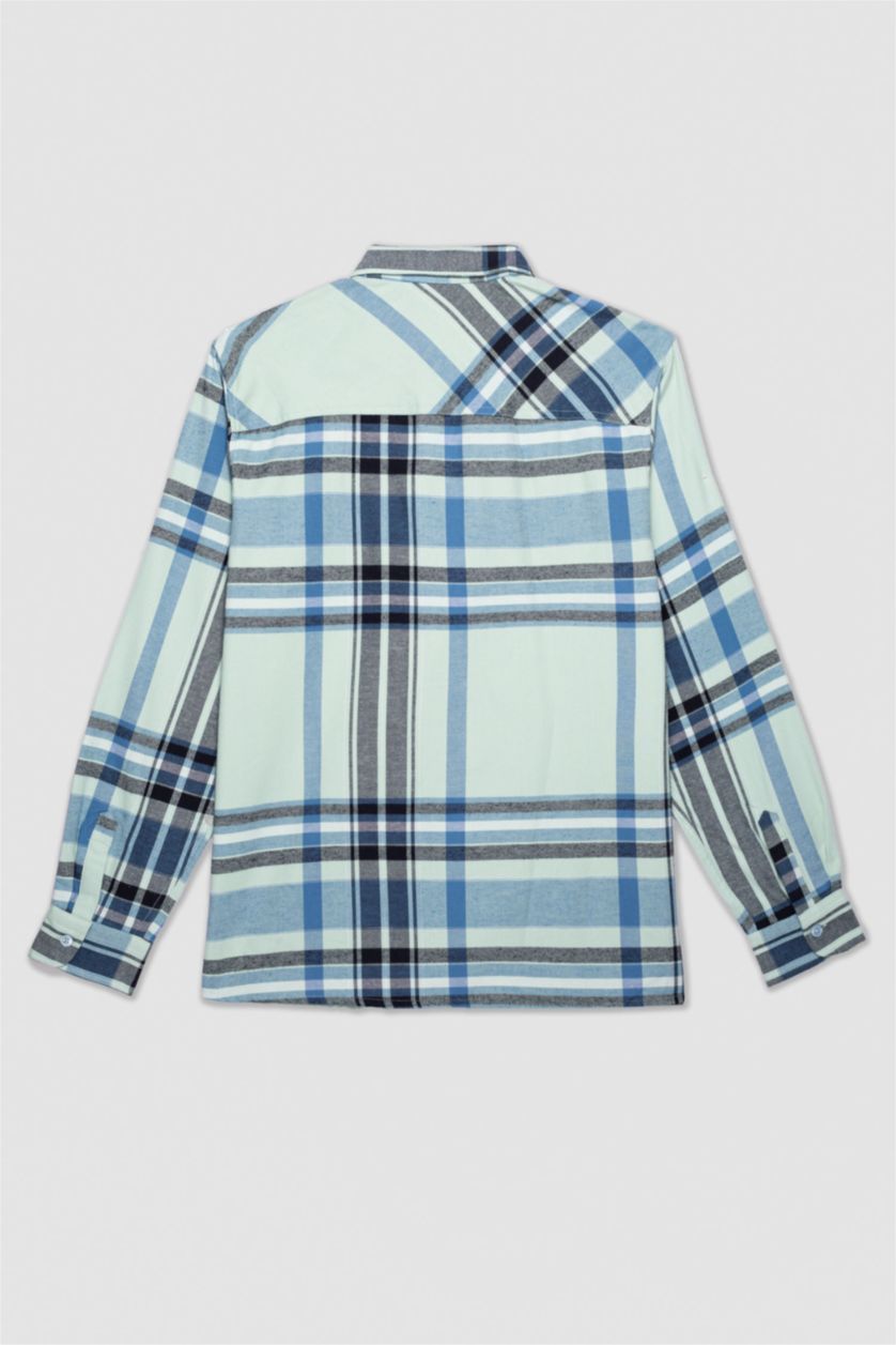 MAN Turquoise Regular Fit Polo Collar Plaid Flannel Long Sleeve Shirt