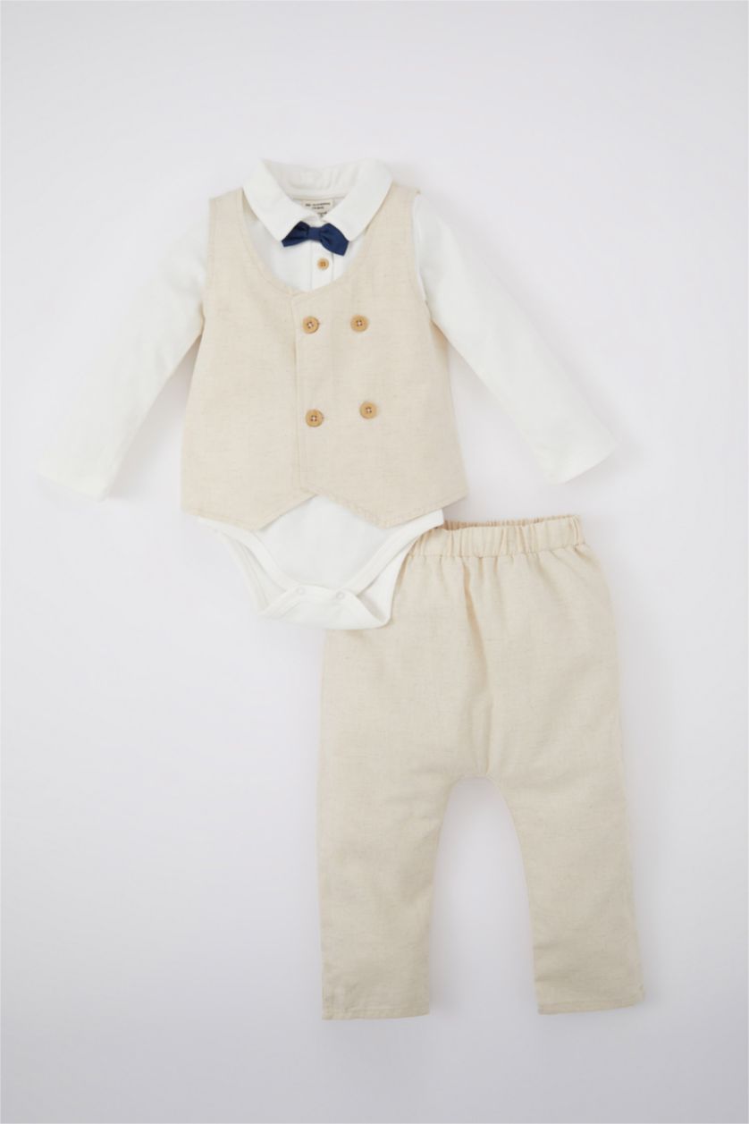 مولود ذكر بيج فاتح طقم ولادي بيبي كتان - 3 قطع