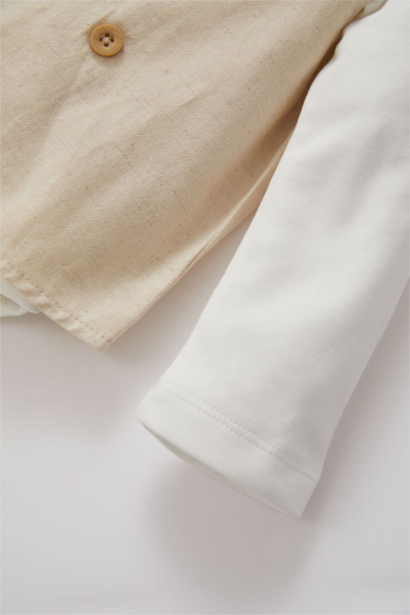 مولود ذكر بيج فاتح طقم ولادي بيبي كتان - 3 قطع