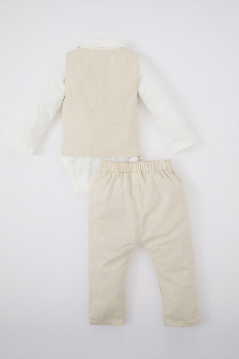 مولود ذكر بيج فاتح طقم ولادي بيبي كتان - 3 قطع