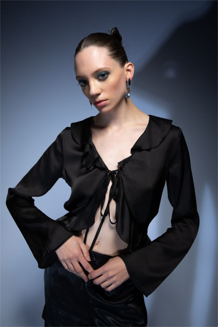 حريمي أسود بلوزة ستان كم طويل قصة عادية وياقة V