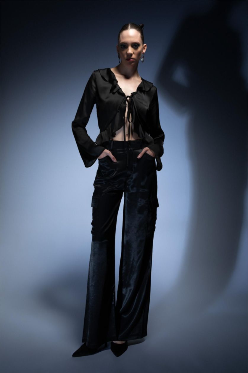 حريمي أسود بلوزة ستان كم طويل قصة عادية وياقة V