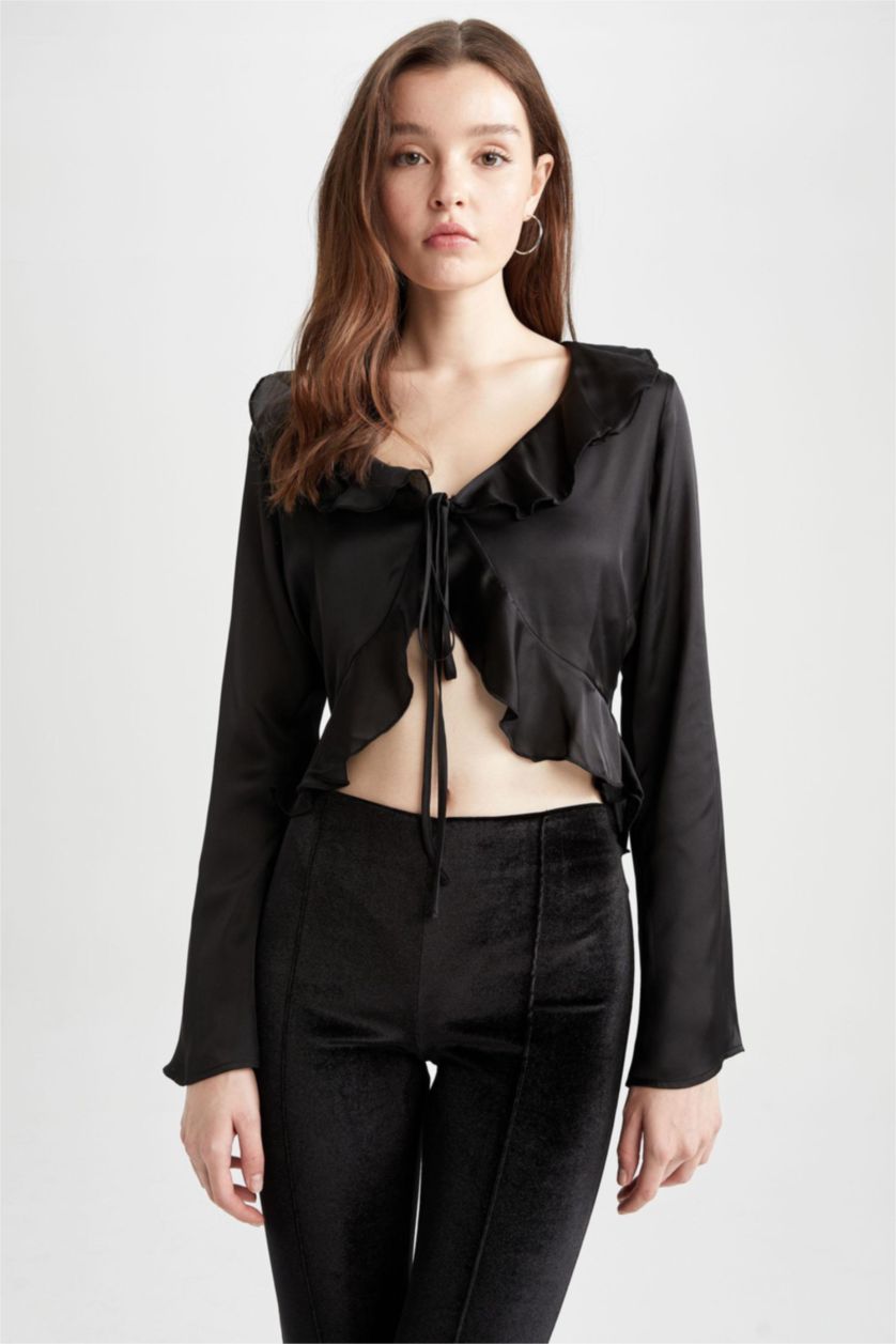 حريمي أسود بلوزة ستان كم طويل قصة عادية وياقة V