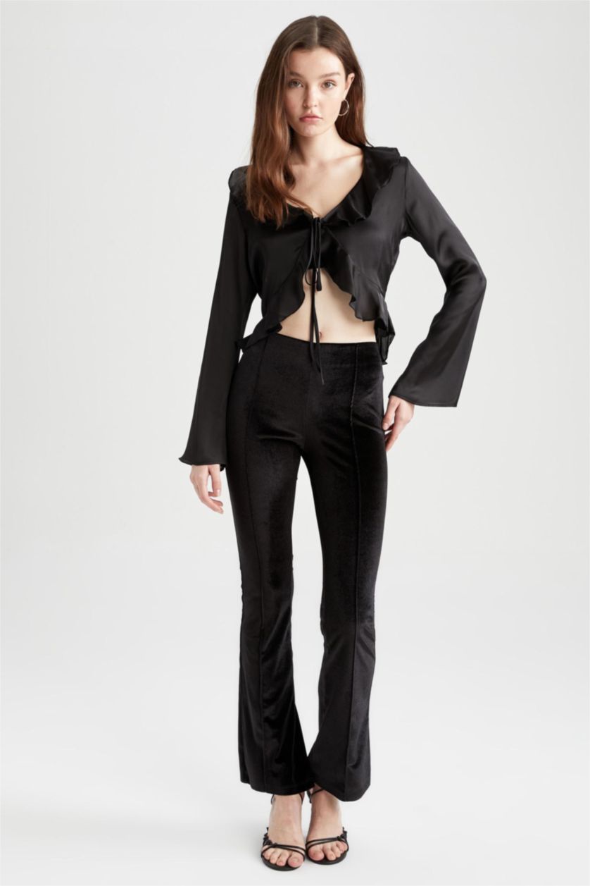 حريمي أسود بلوزة ستان كم طويل قصة عادية وياقة V