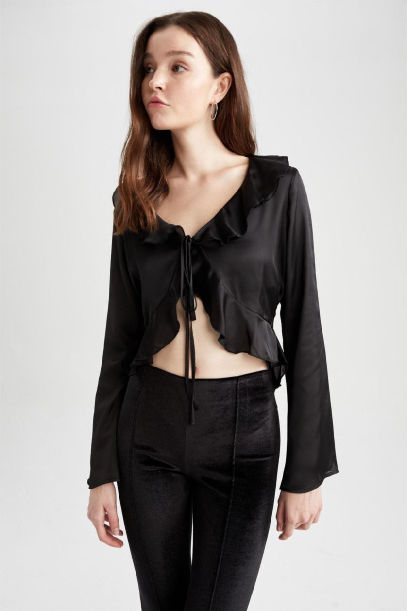 حريمي أسود بلوزة ستان كم طويل قصة عادية وياقة V