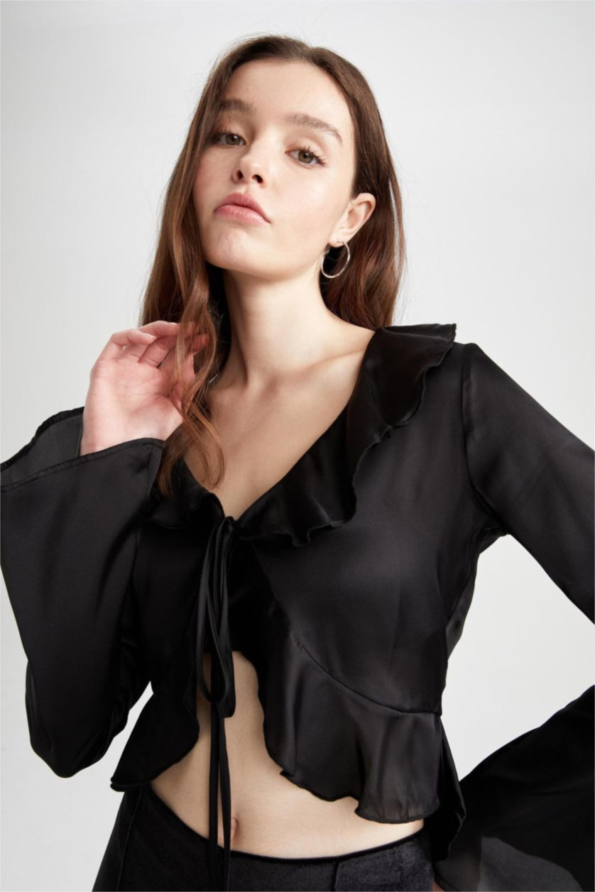 حريمي أسود بلوزة ستان كم طويل قصة عادية وياقة V