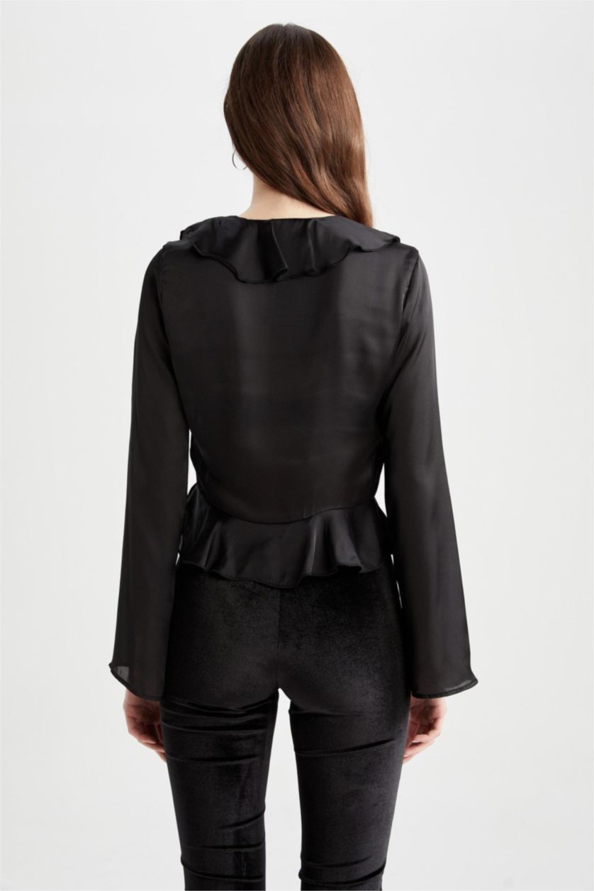 حريمي أسود بلوزة ستان كم طويل قصة عادية وياقة V