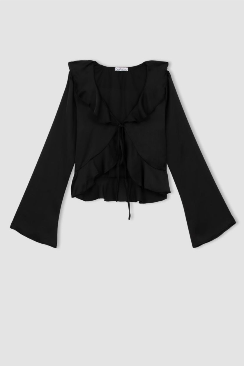 حريمي أسود بلوزة ستان كم طويل قصة عادية وياقة V