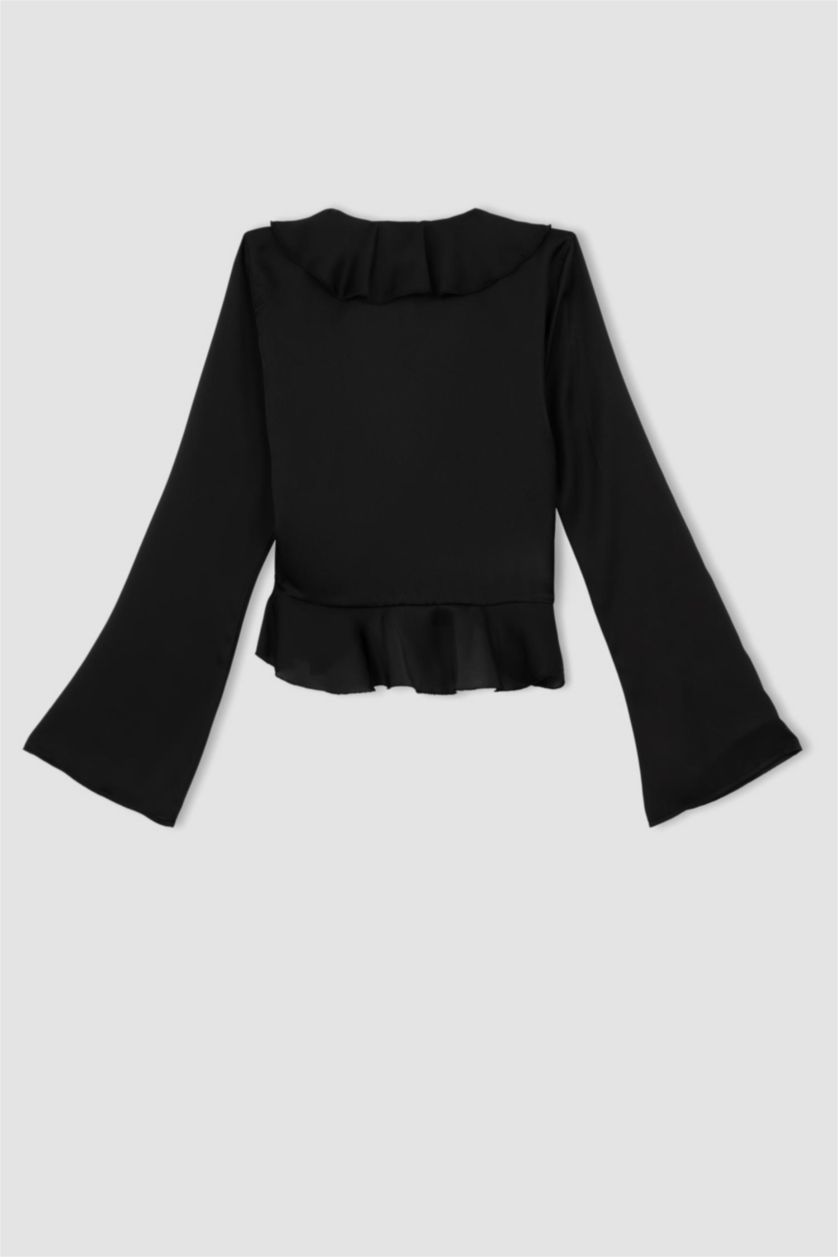 حريمي أسود بلوزة ستان كم طويل قصة عادية وياقة V