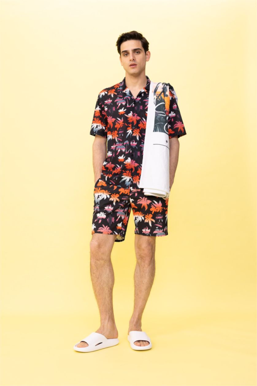 MAN Black Stretchy Textured Knee Length Printed Swimming Shorts