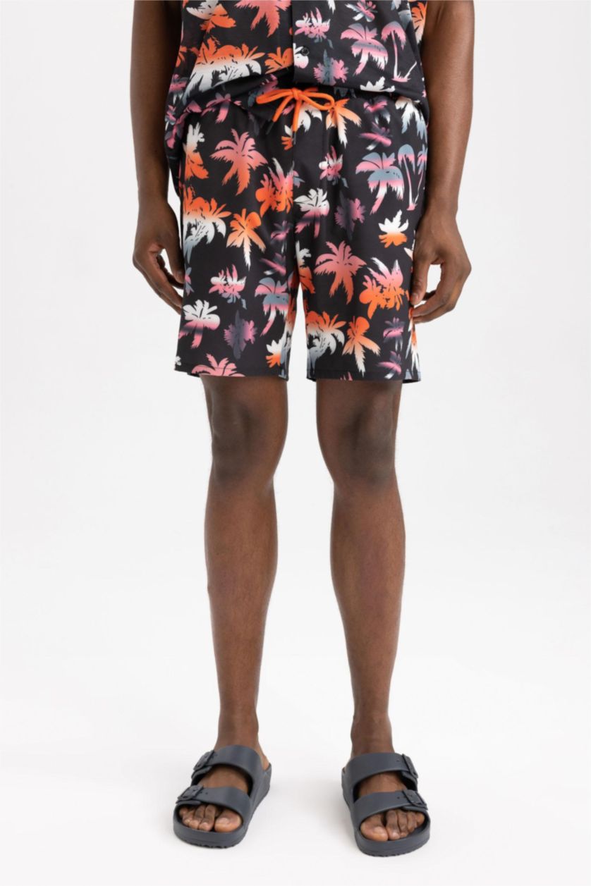 MAN Black Stretchy Textured Knee Length Printed Swimming Shorts