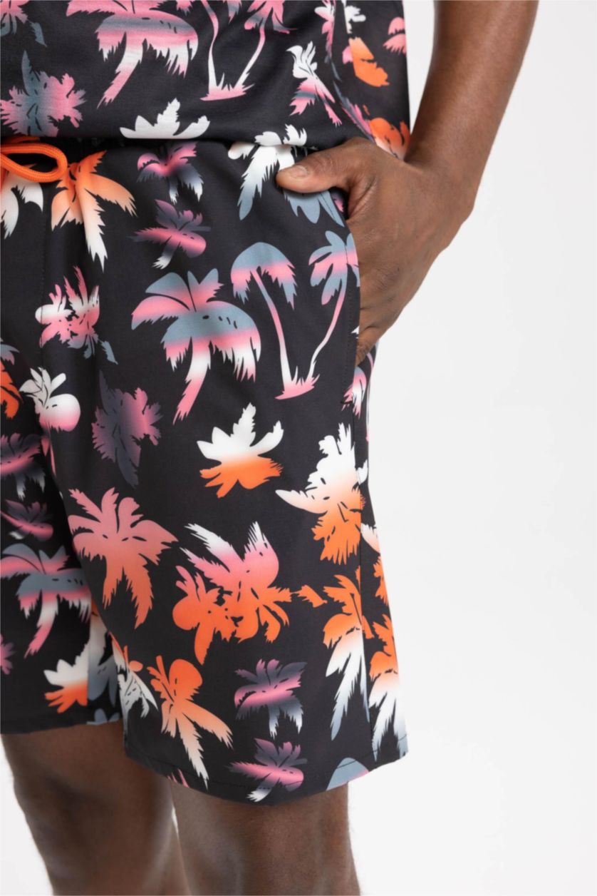 MAN Black Stretchy Textured Knee Length Printed Swimming Shorts