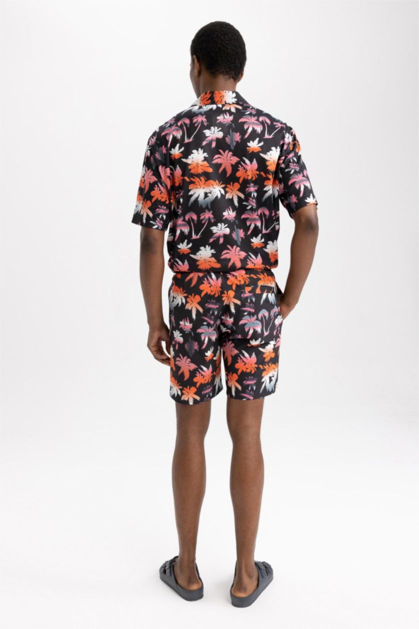 MAN Black Stretchy Textured Knee Length Printed Swimming Shorts