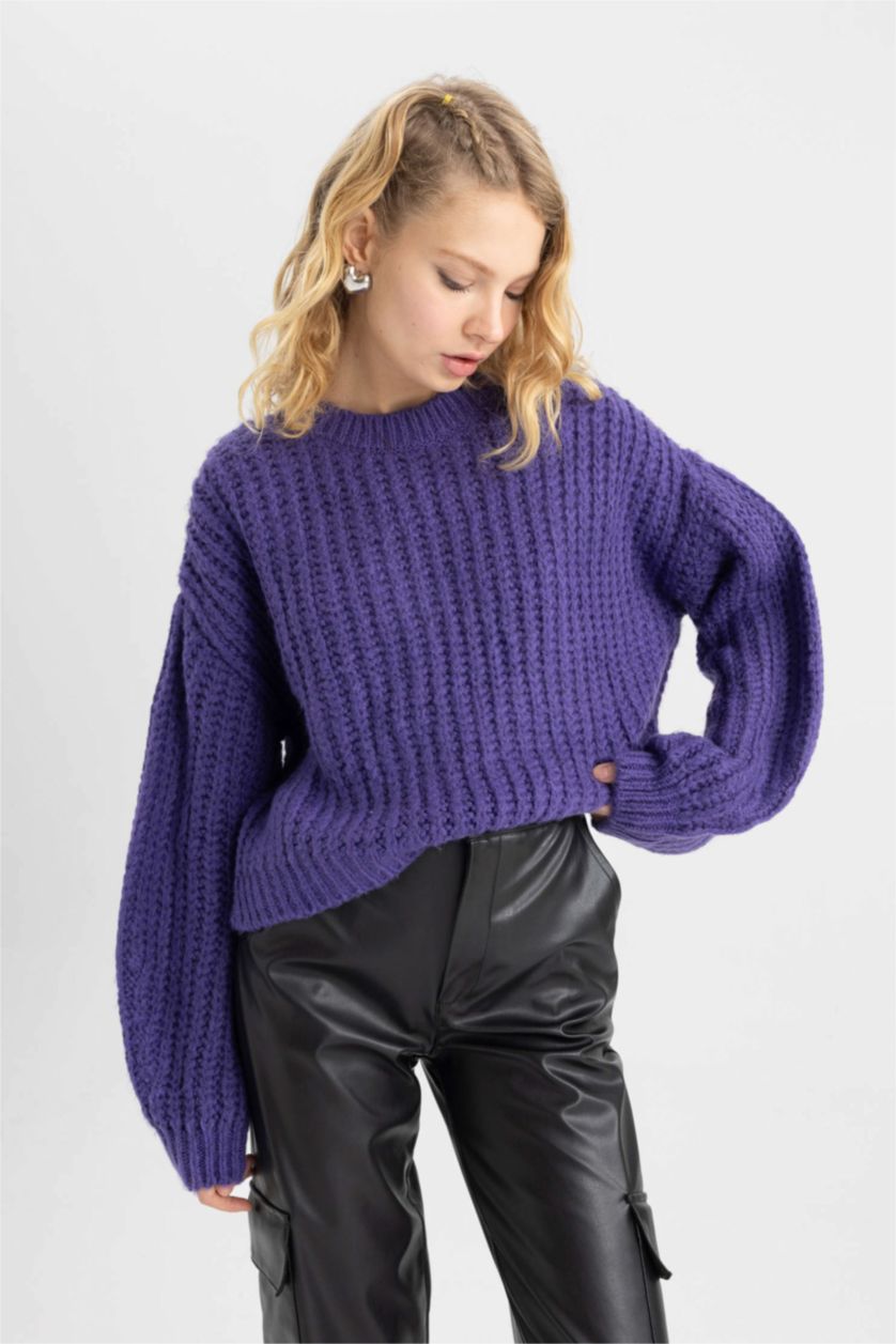 FEMME Violet Pull-Over Coupe Régulière Col Rond