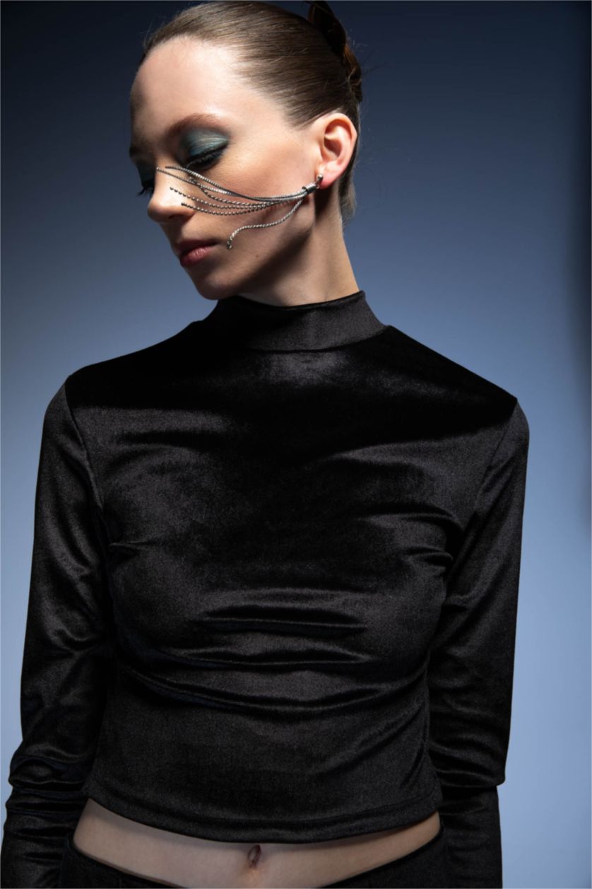 FEMME Noir T-Shirt à Manches Longues Et demi-Col Roulé Coupe Slim