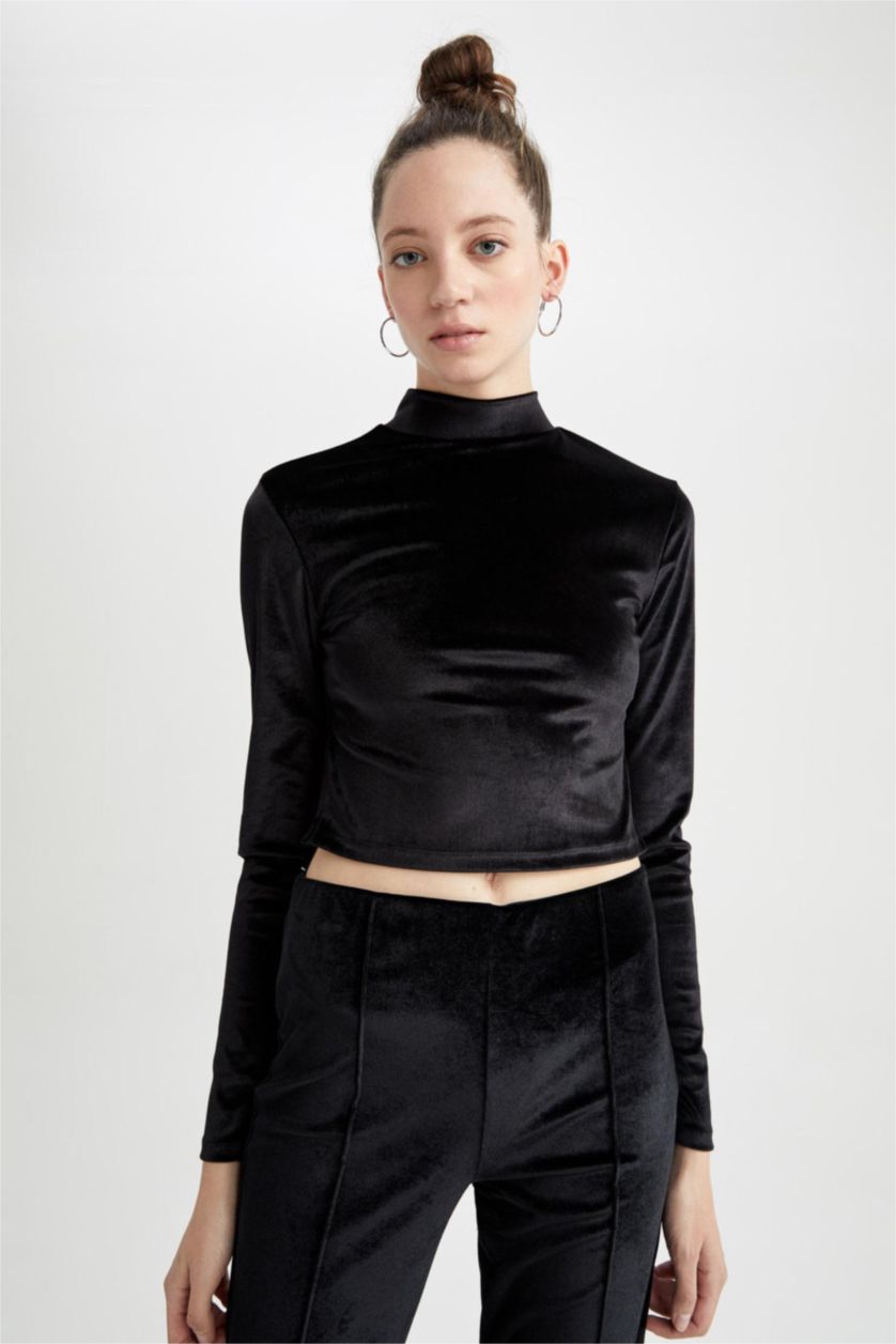 FEMME Noir T-Shirt à Manches Longues Et demi-Col Roulé Coupe Slim