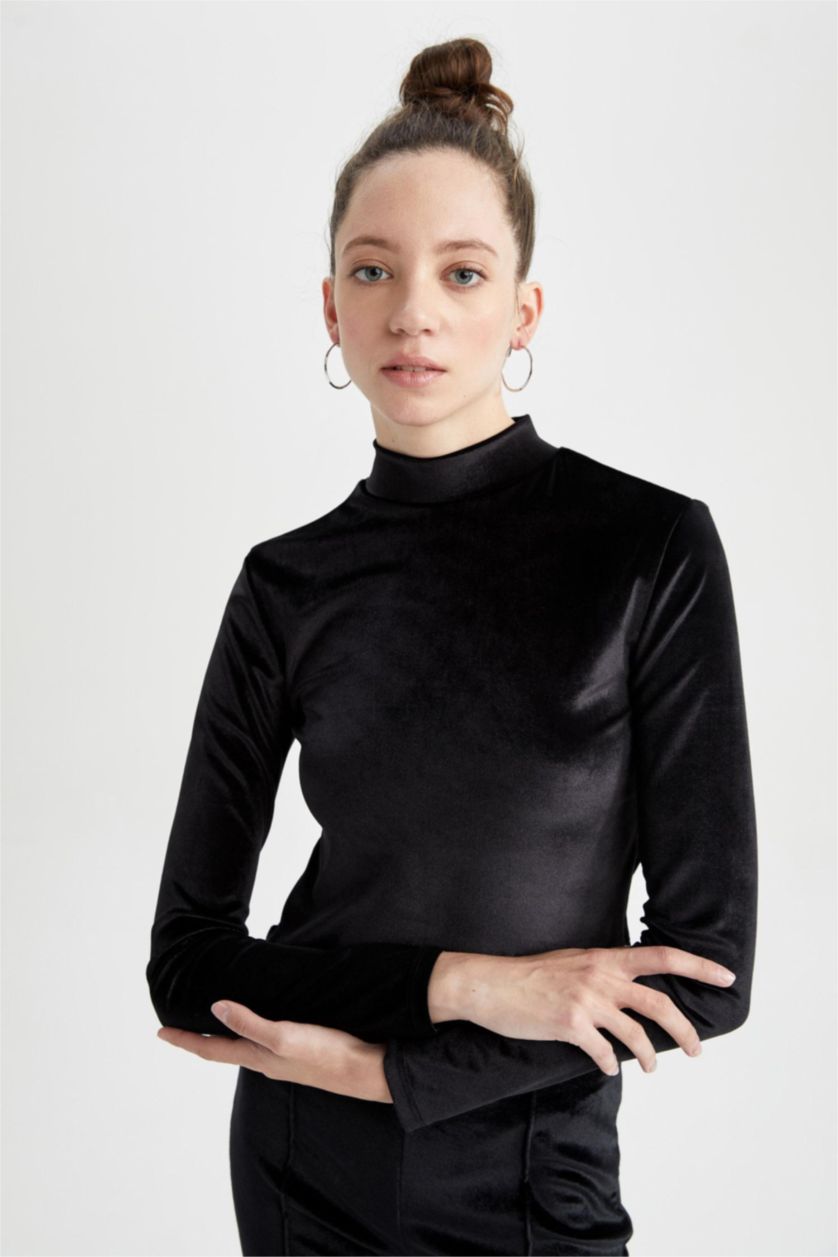 FEMME Noir T-Shirt à Manches Longues Et demi-Col Roulé Coupe Slim