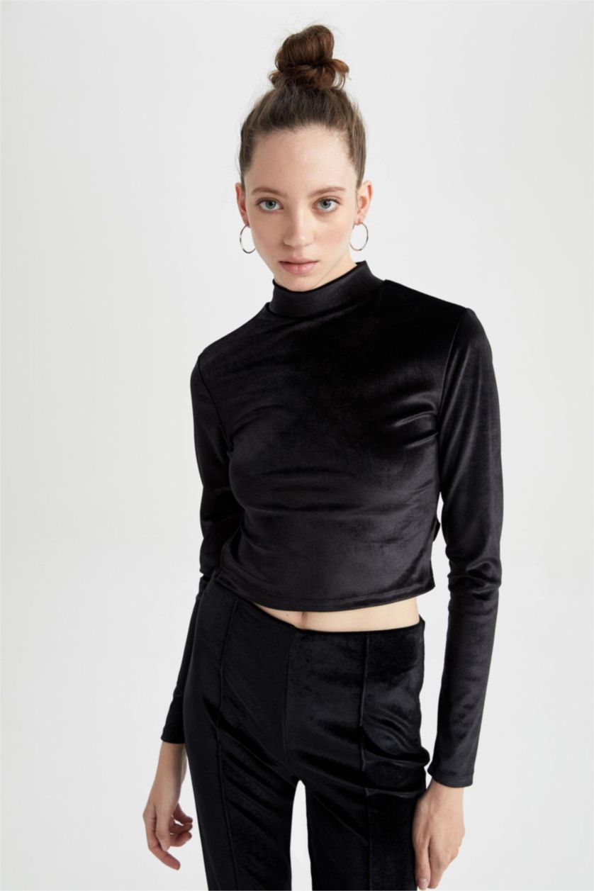 FEMME Noir T-Shirt à Manches Longues Et demi-Col Roulé Coupe Slim