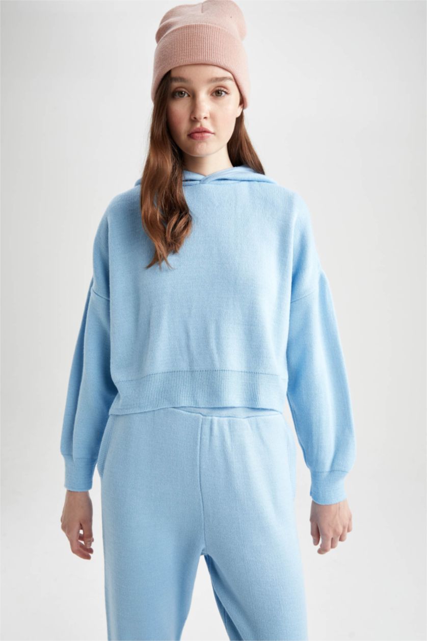 Женская Голубой Свитер оверсайз с капюшоном