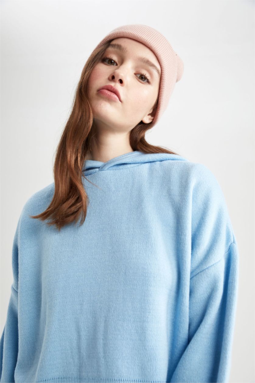 Женская Голубой Свитер оверсайз с капюшоном