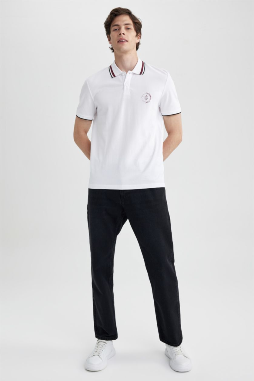 MAN White Regular Fit Polo Neck Printed Short Sleeved T-Shirt