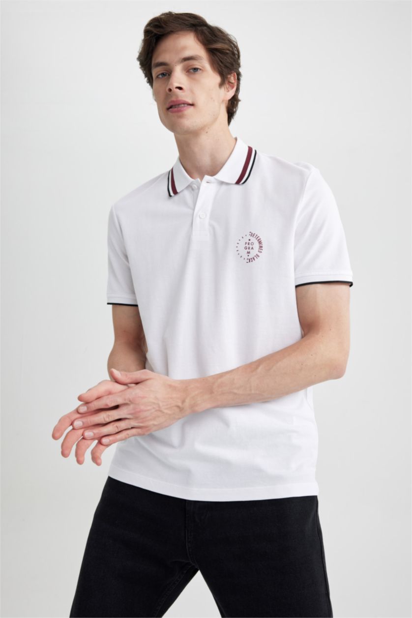 MAN White Regular Fit Polo Neck Printed Short Sleeved T-Shirt