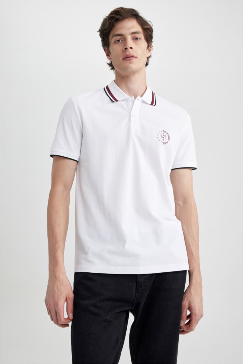 MAN White Regular Fit Polo Neck Printed Short Sleeved T-Shirt