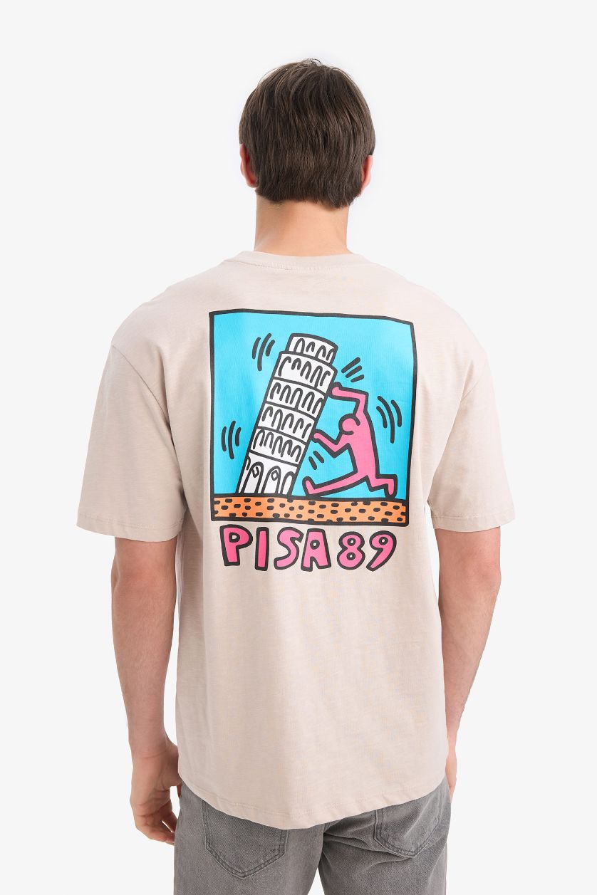 Erkek Kum %100 Pamuk Keith Haring Comfort Regular Fit Rahat Kalıp Bisiklet Yaka Sırt Baskılı Kısa Kollu Tişört