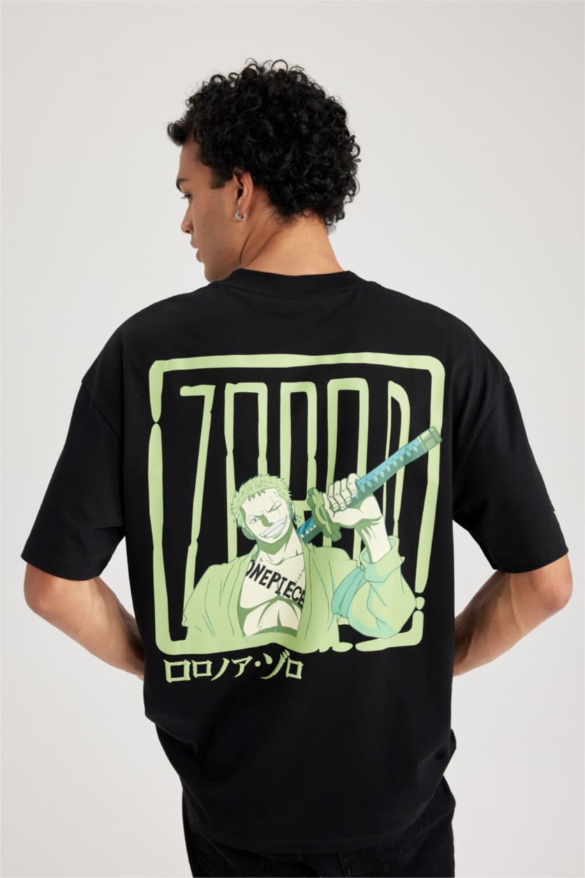 رجال أسود تي شيرت مطبوع قصة مريحة برقبة مستديرة من ون بيس