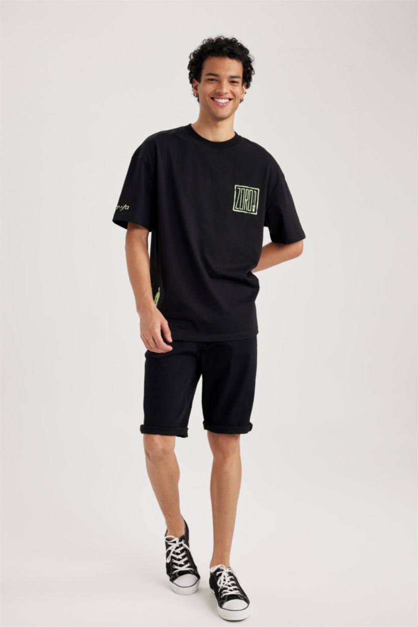 رجال أسود تي شيرت مطبوع قصة مريحة برقبة مستديرة من ون بيس