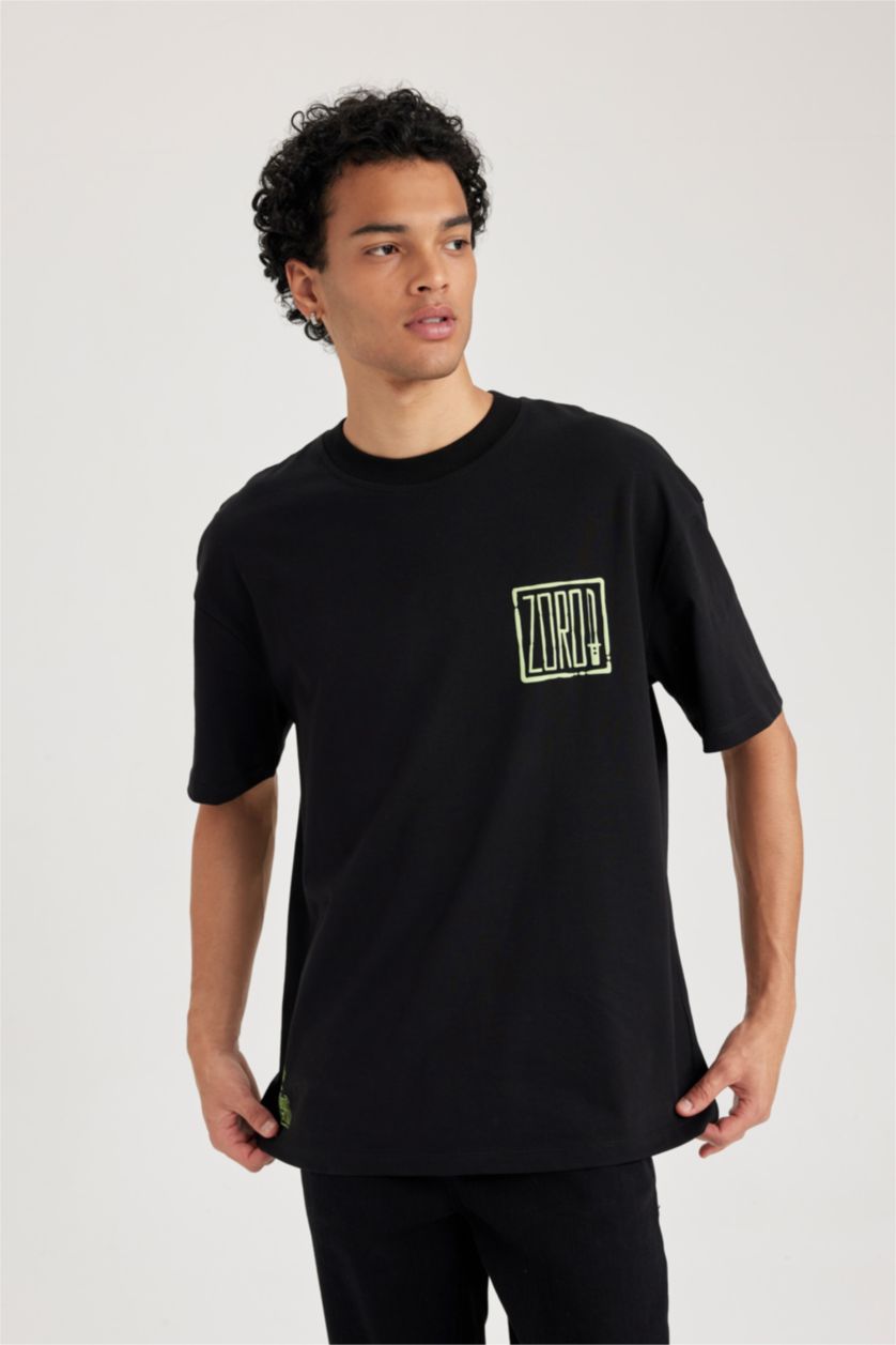 رجال أسود تي شيرت مطبوع قصة مريحة برقبة مستديرة من ون بيس