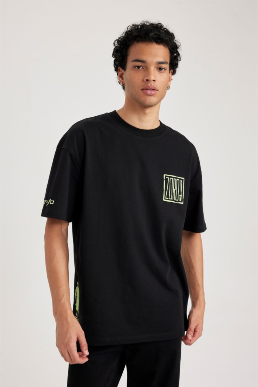 رجال أسود تي شيرت مطبوع قصة مريحة برقبة مستديرة من ون بيس