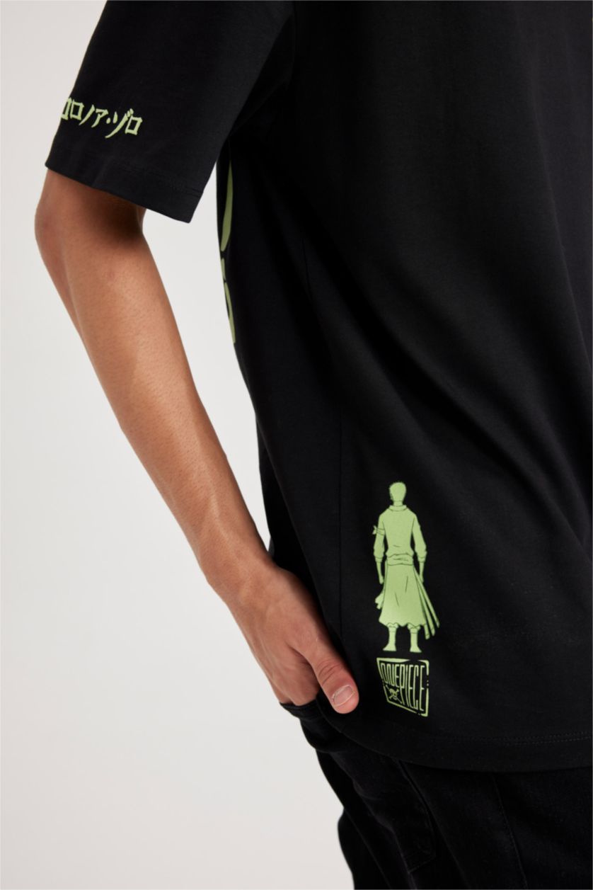 رجال أسود تي شيرت مطبوع قصة مريحة برقبة مستديرة من ون بيس