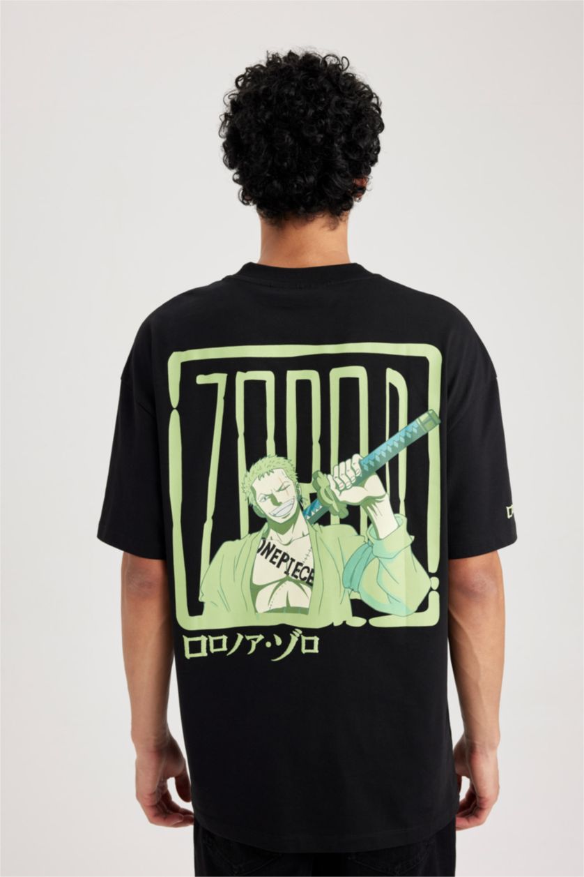 رجال أسود تي شيرت مطبوع قصة مريحة برقبة مستديرة من ون بيس