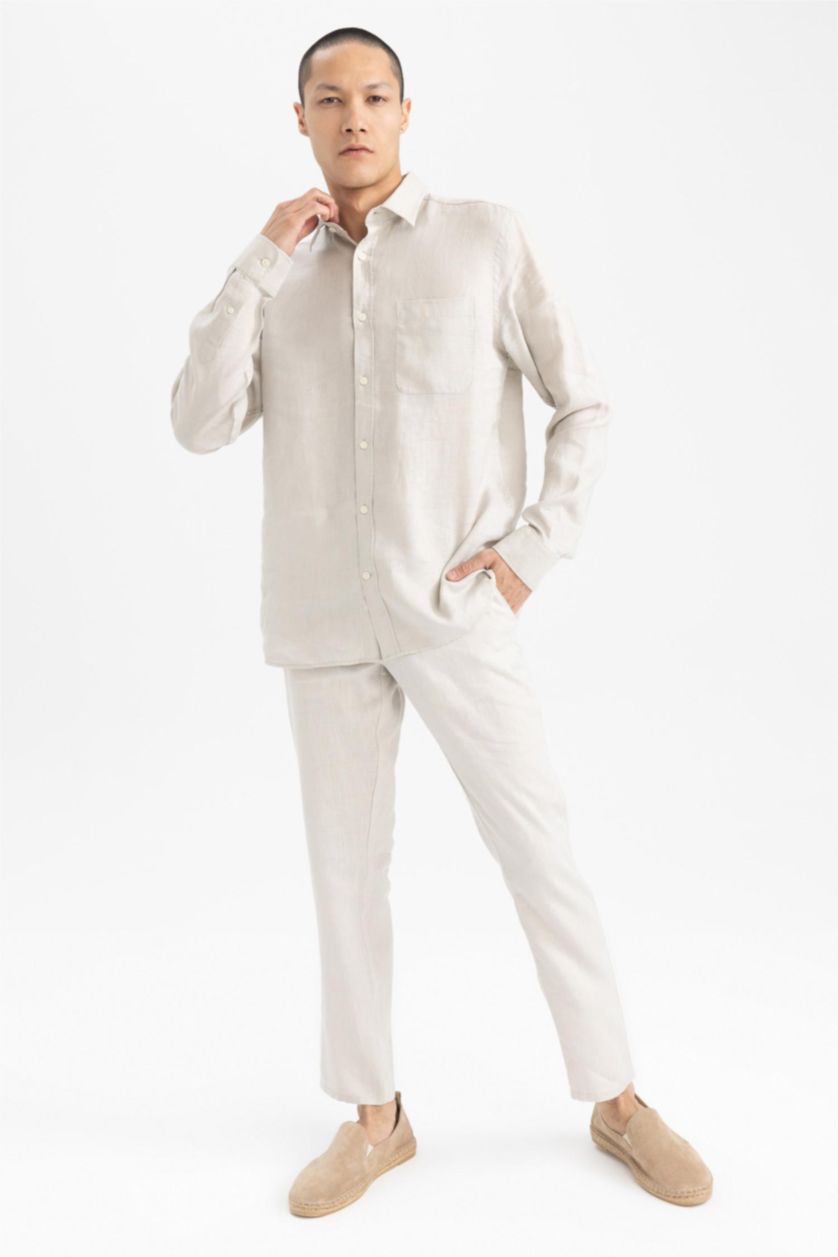 Мужчины Песочный Рубашка стандартного кроя с длинным рукавом из 100% льна