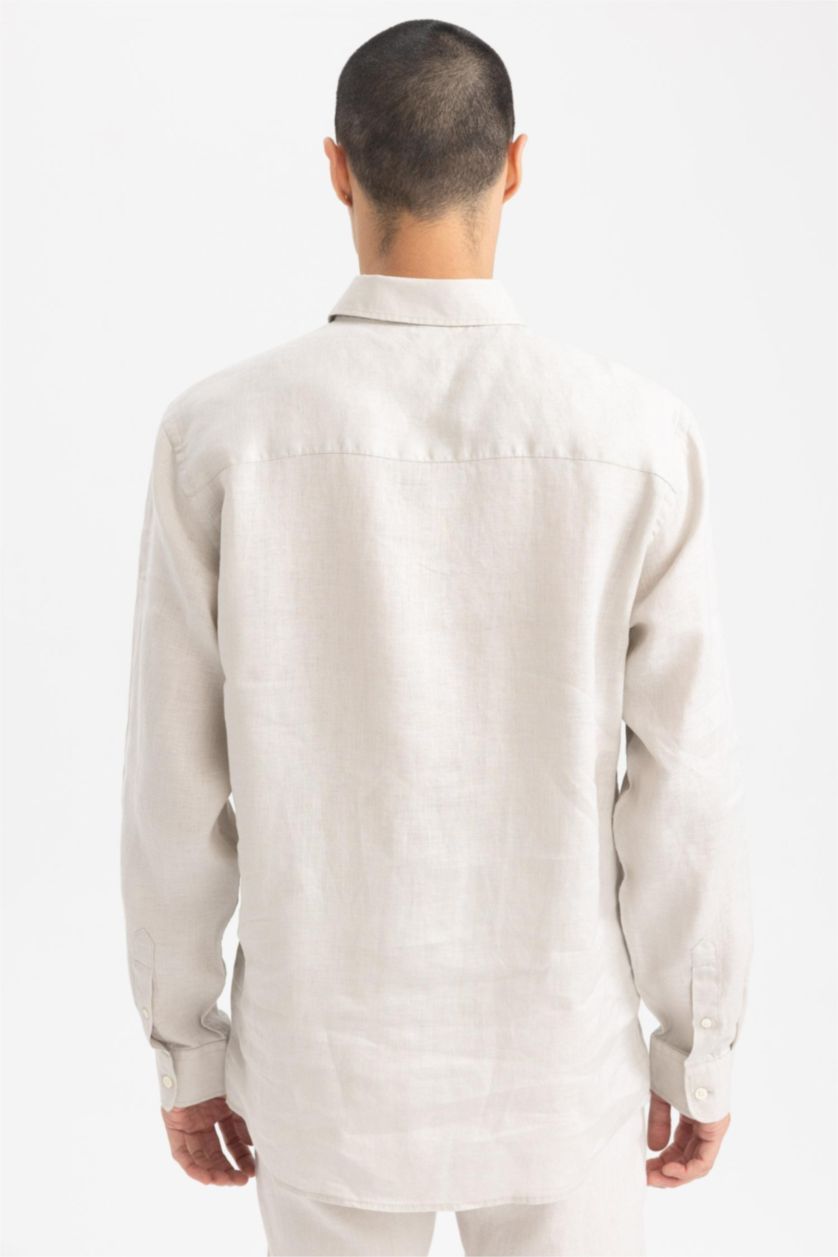 Мужчины Песочный Рубашка стандартного кроя с длинным рукавом из 100% льна