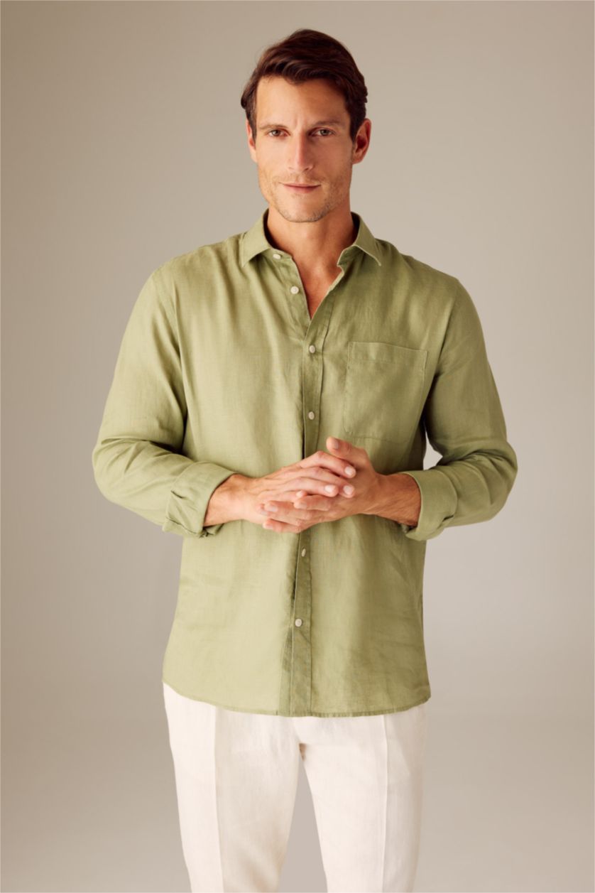 Ерлер Жеңіл хаки поло жаға мақта Ұзын жеңді көйлек