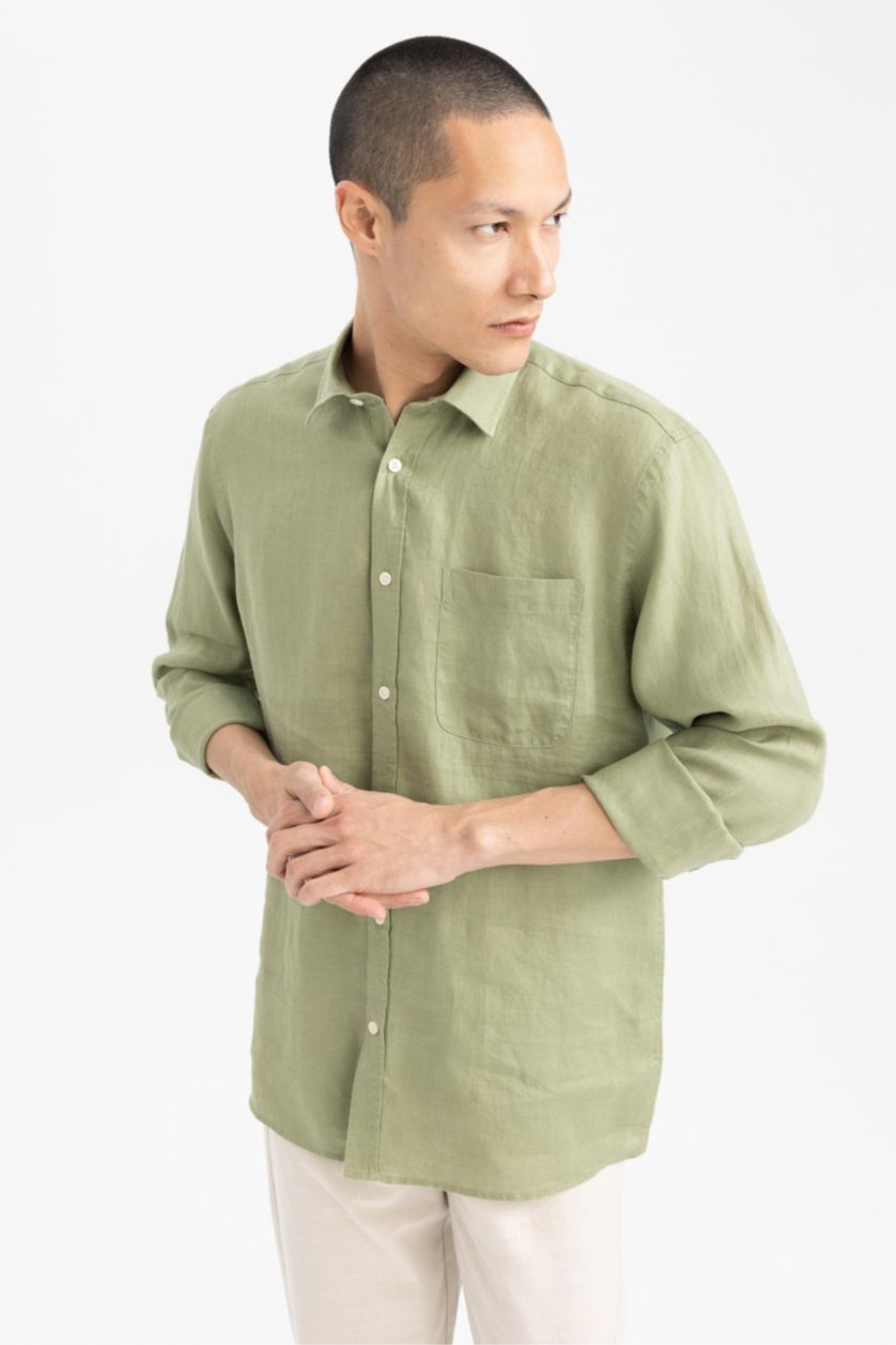 Ерлер Жеңіл хаки поло жаға мақта Ұзын жеңді көйлек