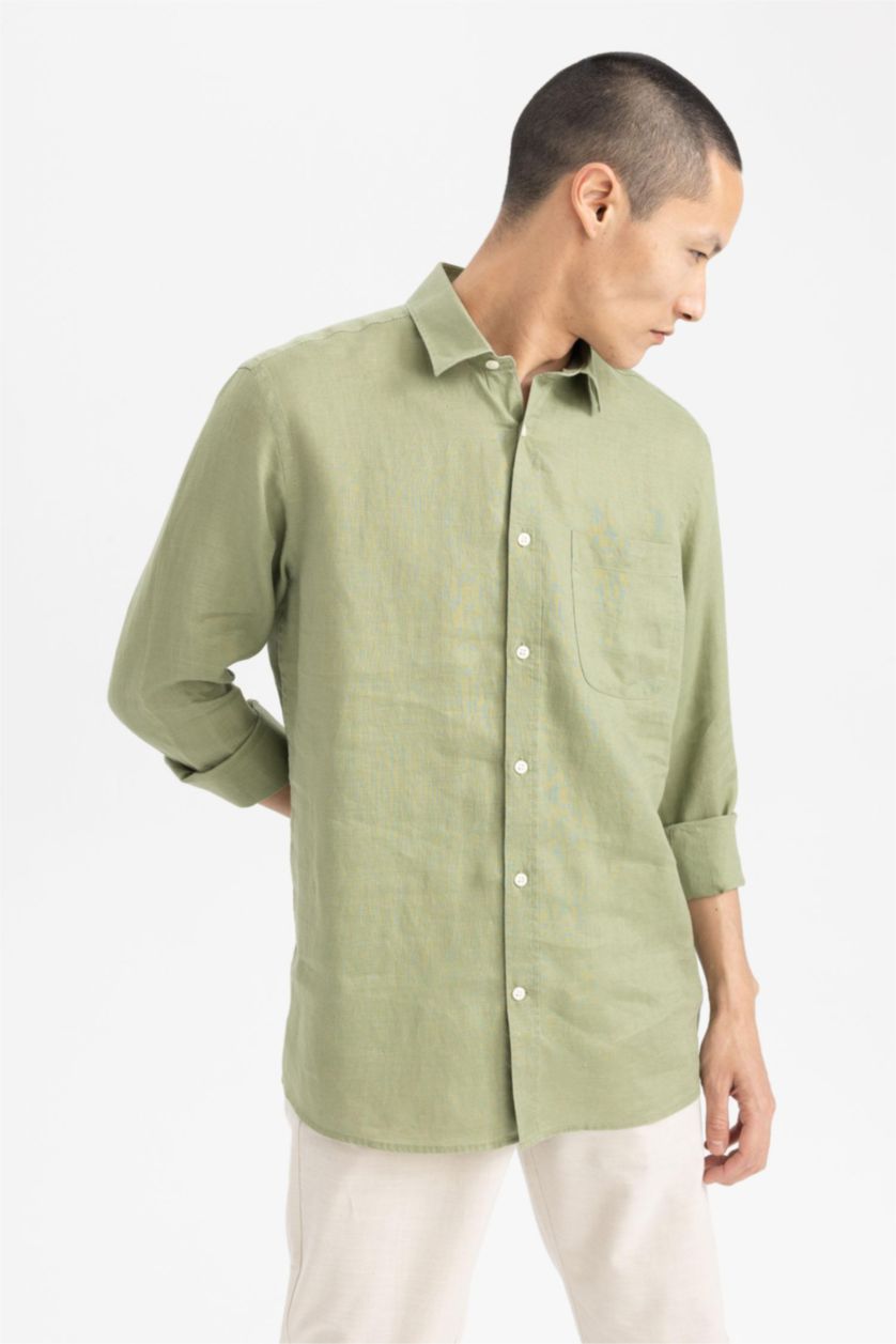 Ерлер Жеңіл хаки поло жаға мақта Ұзын жеңді көйлек